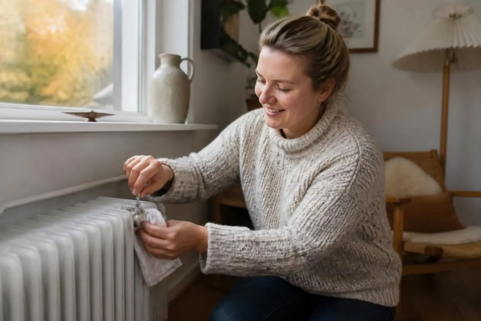 Smilende kvinde i strikbluse udlufter en hvid radiator under vinduet med en radiatornøgle og en klud
